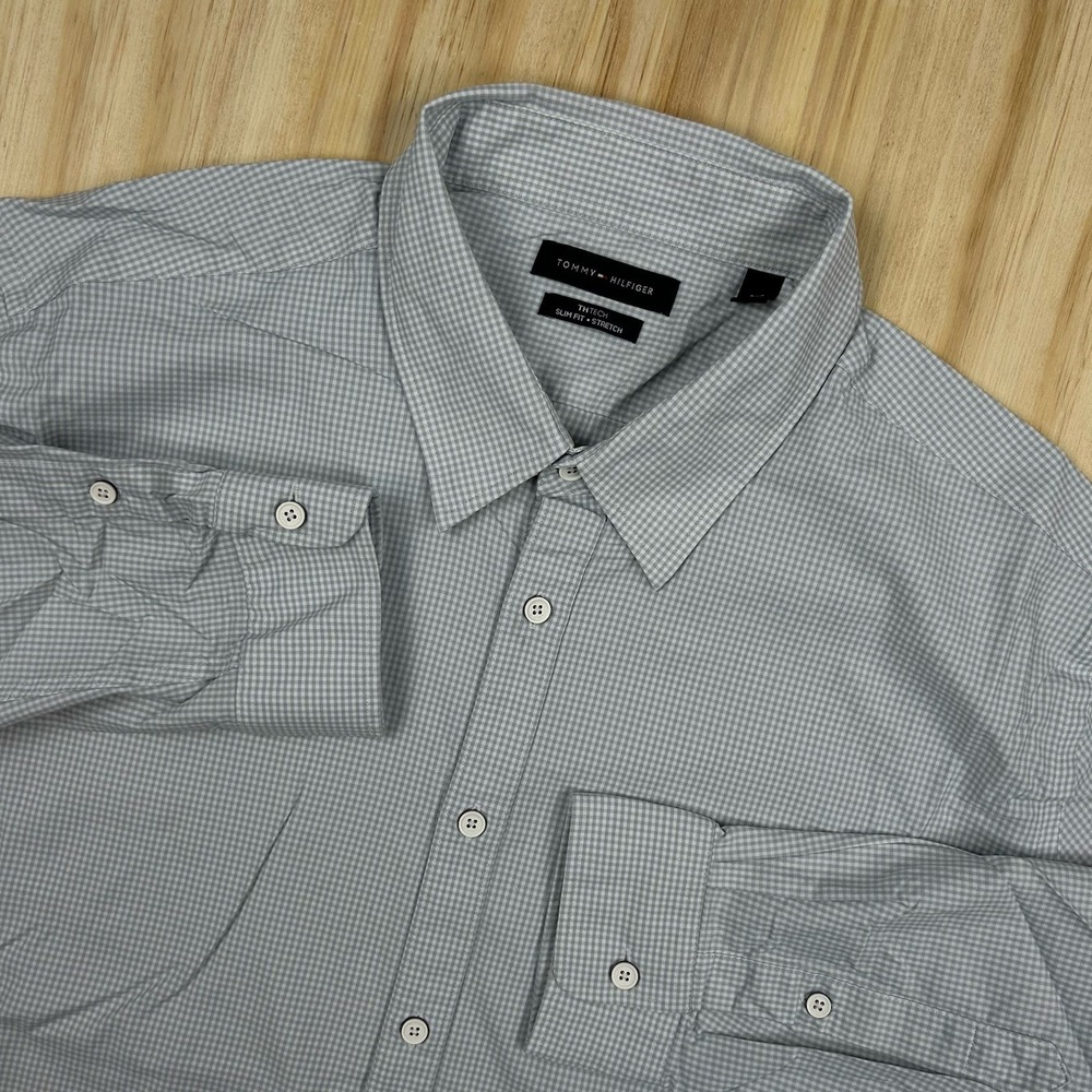 Tommy Hilfiger Shirt Mens 2XL XXL Gray Check‎ TH Tech Slim Fit Button Up